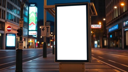 Blank digital billboard at a city street corner at night