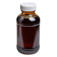 Amber liquid in glass bottle with white cap isolated on transparent background