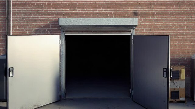 Loading dock area with metal doors and industrial bins at a warehouse