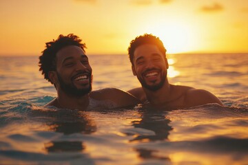 Two happy black men swimming in the blue lagoon geothermic spa in Iceland. Smiling African American gay couple relaxing in the water at a natural spa, Generative AI