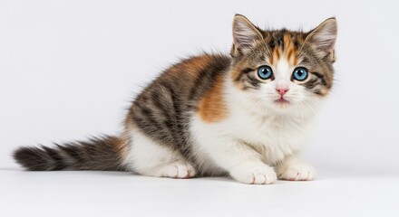 愛らしい三毛猫子猫 輝く瞳 白い背景. AI Generated
