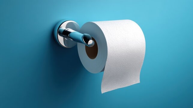 Toilet paper roll on a holder against a blue wall