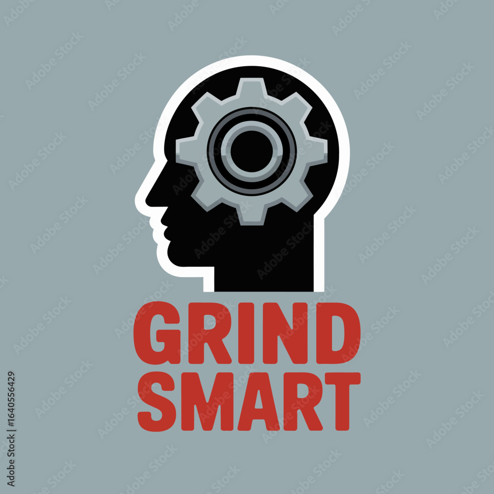 Poster symbolic illustration of a silhouette of a human head with a gear inside representing the mind signi