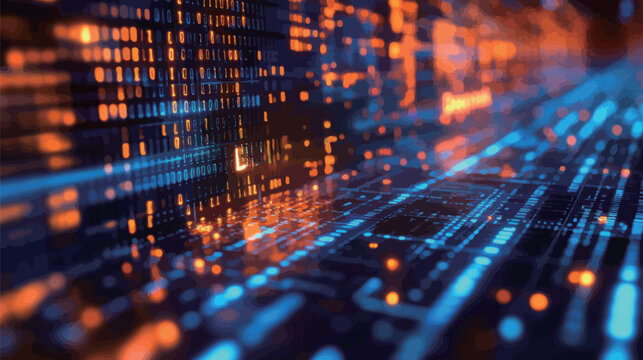 A computer screen with a blue background and orange lines. The orange lines are the binary code that is being displayed. Concept of technology and the complexity of computer systems