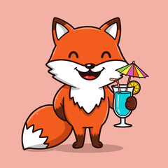 Smiling cartoon fox with a tropical drink on a pink background.