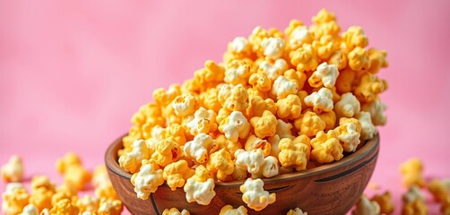 Golden caramel popcorn overflowing a rustic bowl against a soft pink backdrop,  vibrant,  snack