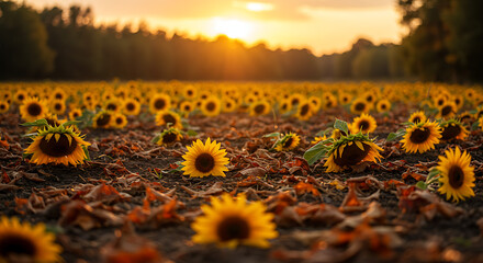 Blooming Sunflower Field at Sunset with Vibrant Yellow Flowers