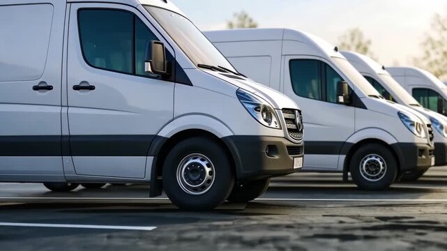 A fleet of shiny white delivery vans, complete with place for company logos, is lined up and ready for efficient and timely deliveries, parked in a storage lot on a sunny day.