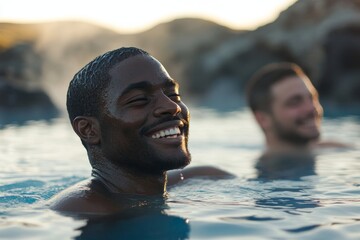 Two happy black men swimming in the sea during a vacation in the Maldives. Smiling candid gay male couple relaxing on a honeymoon summer holiday, golden hour. Pride Month, Generative AI