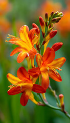 Fototapeta premium Close-up of vibrant orange and yellow crocosmia flowers in a summer garden, nature, plant