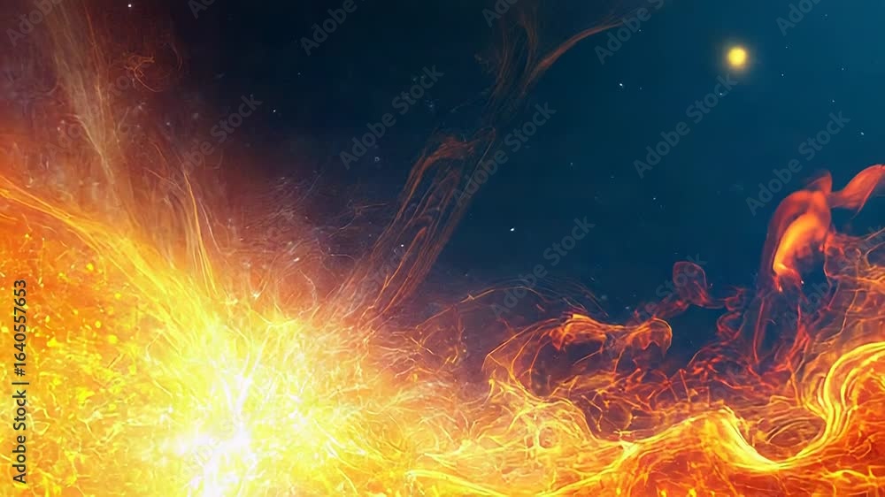 Poster fiery nebula shining in the deep space with glowing particles