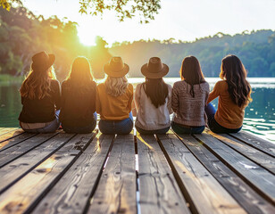 A group of six girls sit on a wooden pier, their backs to the viewer. They look out over the calm surface of a lake, over which the sun is setting, creating a warm, golden light. The image conveys an 