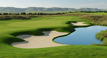 Obraz premium Ultra realistic view of a golf course fairway with bright green grass, smooth sand bunker, small blue water hazard reflecting the sky, rolling hills in the background