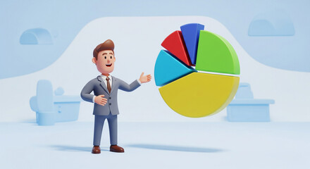 Animated businessman presenting colorful pie chart data in modern office setting, perfect for financial reports
