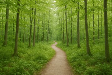 Obraz premium Serene Forest Path: Tranquil Walkway Through Lush Green Woodland, Promoting Wellness and Outdoor Adventure