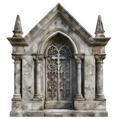 Obraz premium Detailed Stone Mausoleum with Gothic Arch and Cross Carvings on Transparent Background
