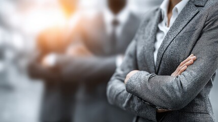 A professional individual stands confidently with crossed arms, dressed in a formal suit, while others in suits are blurred in the background.