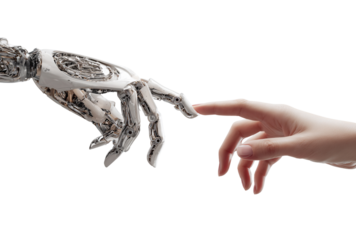 A robot hand reaching out to touch a human finger, symbolizing connection, technology, and the future of interaction, isolated on transparent background