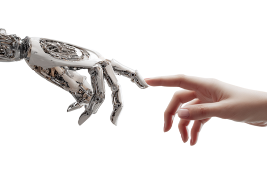 A robot hand reaching out to touch a human finger, symbolizing connection, technology, and the future of interaction, isolated on transparent background