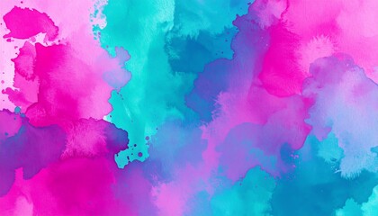 Abstract artistic backdrop featuring a vibrant fusion of fuchsia and cyan watercolor ink blots on a textured surface.