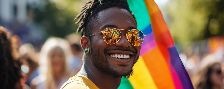 Happy gay African American black man carrying a rainbow flag in the crowd at an LGBTQ+ Pride parade party. Celebrating gay rights and freedom with inclusivity, Generative AI