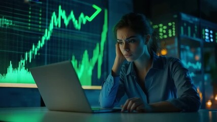 Young woman working on laptop analyzing financial graph and stock market data, showing business anxiety and fatigue in dimly lit office with technology and computer for detailed analysis - Powered by Adobe
