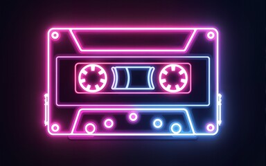 Retro Neon Sign in the Shape of a Cassette Tape with Vibrant Colors and an 80s Aesthetic Vibe. High quality