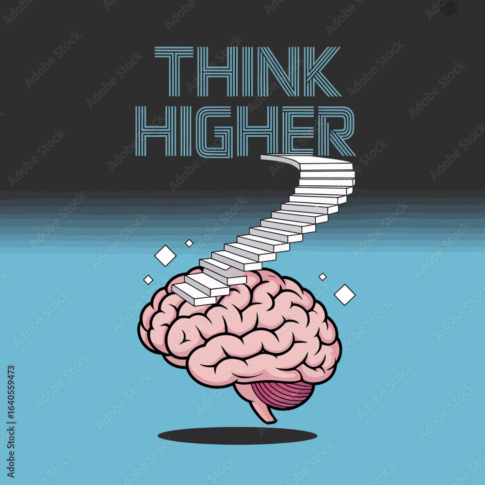 Poster brain ascending stairs of knowledge towards higher thinking and innovation symbolizing growth and in