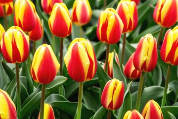 Bright red and yellow tulips bloom in a vibrant garden during springtime