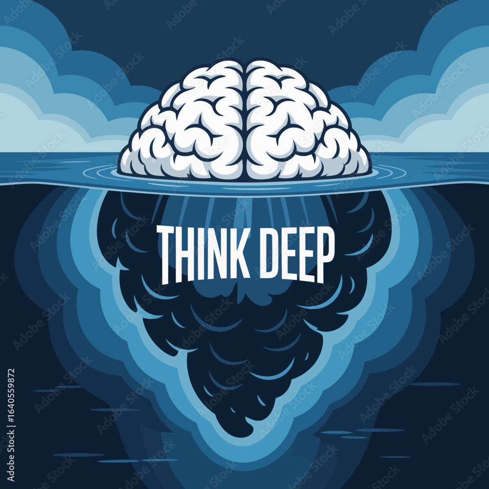 Poster metaphorical brain iceberg concept for deep thinking and problem solving above and below the surface