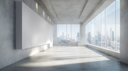 Empty modern gallery space with city views