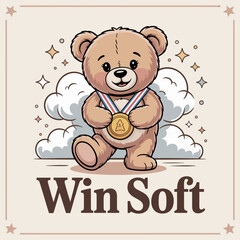 Adorable teddy bear wearing a medal celebrates achievement with sparkles and clouds on a warm background a winning birthday card vector