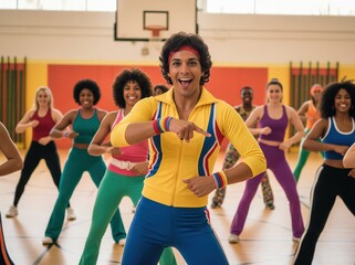 Obraz premium Colorful aerobics group performing energetic 70s-style workout in vivid retro attire, filled with excitement, energy, and movement