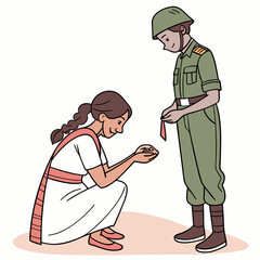 A sister ties rakhi on a soldiers wrist as a symbol of protection and love