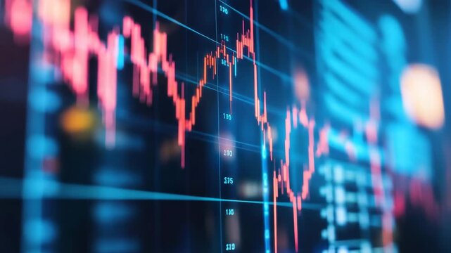 Stock market graph with fluctuating red and blue lines showing financial data and trends digital screen, financial chart with red and blue lines showing market trends digital screen, digital stock