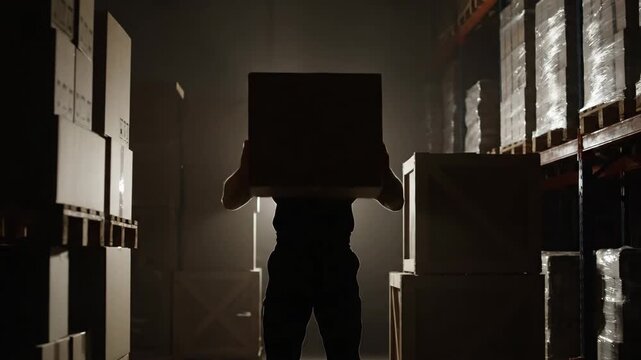Silhouetted Warehouse Worker Lifting Box - A strong warehouse worker's silhouette is dramatically backlit, holding a large box amidst stacked crates and pallets in a dimly lit warehouse.