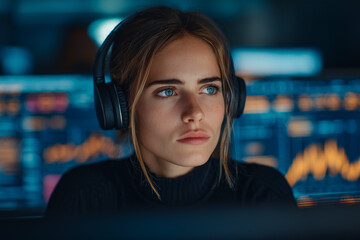 Focused woman with headphones in digital data environment