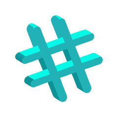 Isometric cyan hashtag symbol isolated on white background in three dimensions