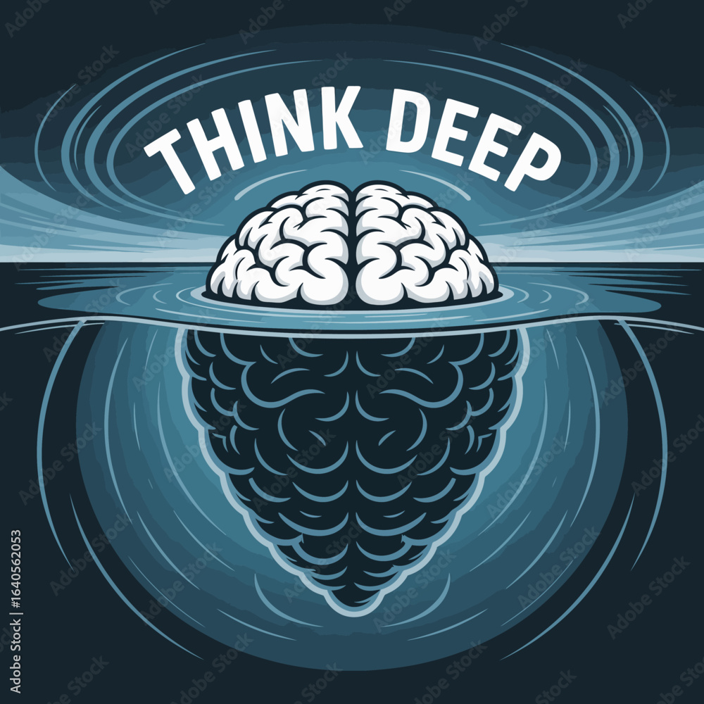 Poster abstract representation of deep thinking and intellectual depth with a brain submerged in water vect