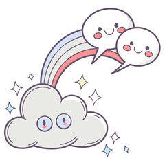 Cute rainbow cloud with speech bubbles isolated on white background, kawaii style