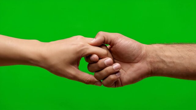 Hands Interlocking, Unity and Partnership - Two hands reach out and interlock fingers against a bright green background. This close-up shot symbolizes unity, support, and partnership.