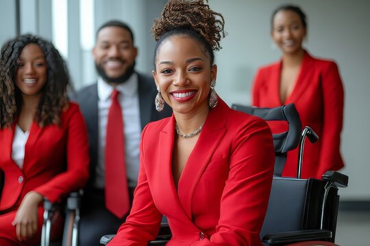 Inclusive happy smiling black African American disabled office female wheelchair-bound colleague. DEIB-positive workplace, candid Blasian woman bonding with her business team, Generative AI