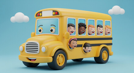 Cheerful children ride the school bus to academic success and bright futures in this heartwarming illustration