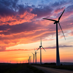 wind turbines silhouetted against colorful sunset sky