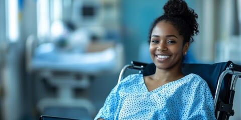 Happy black female hospital patient in a wheelchair recovering from surgery. Emphasizing inclusive private healthcare patient recovery concepts, Generative AI