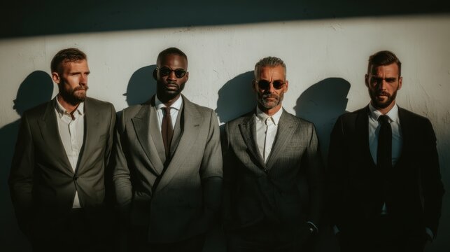 Four stylish men in tailored suits pose against a wall, showcasing modern fashion with dramatic lighting and shadows.