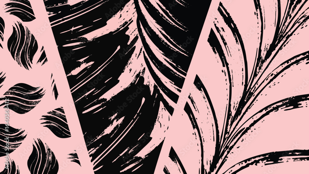 Poster abstract brushstroke pattern with black ink on a light pink background in a triangular composition