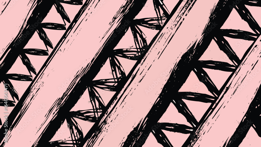 Poster abstract pattern with diagonal black brush strokes and triangle shapes on a pink background design