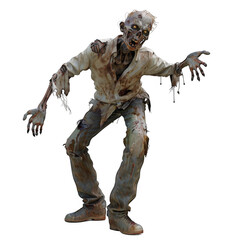 Menacing Zombie with Ripped White Shirt and Bloody Jeans on Transparent Background