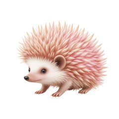 A cute young hedgehog with brown and white spines is isolated on a white background, captured in a studio shot